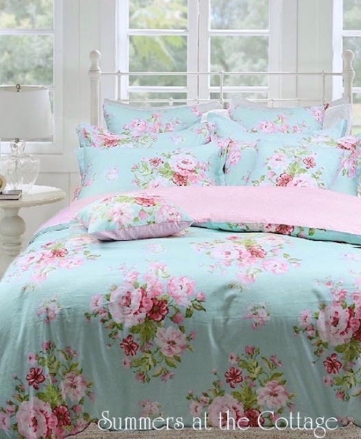 Cottage Rose Aqua Mist Floral Comforter Bedding