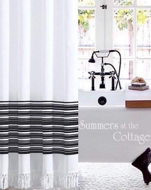 VINTAGE BATH FABRIC SHOWER CURTAIN STRIPED CHIC KNOTTED FRINGE
