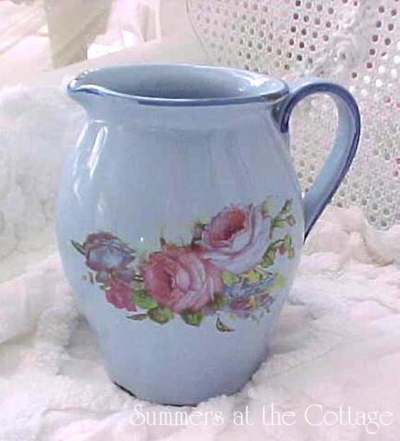 TUSCAN SKY BLUE CABBAGE ROSES GLAZED POTTERY PITCHER VASE