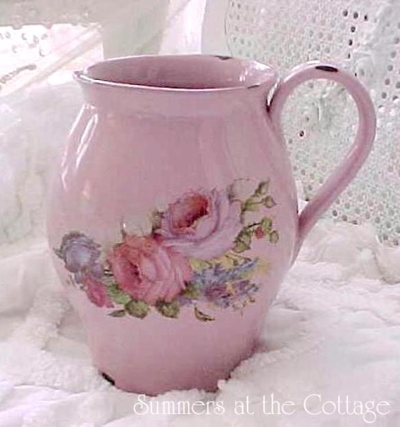 PINK LILAC VINTAGE ROSES PITCHER VASE COUNTRY COTTAGE CHIC