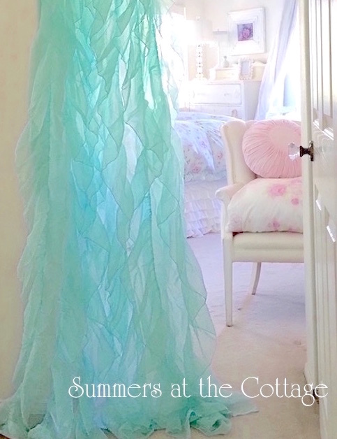 SHABBY BEACH COTTAGE CHIC AQUA DREAMY RUFFLED CURTAIN DRAPE PANELS