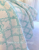 QUATREFOIL COTTAGE AQUA SEA GLASS DESIGN ON WHITE QUILT